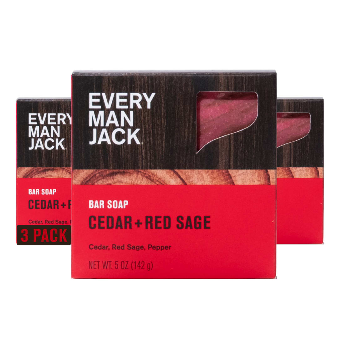 Every Man Jack Cold Processed Mens Bar Soap - Cedar + Red Sage Scent - Deeply Cleans & Hydrates with Shea Butter and Coconut Oil - (3 Pack)