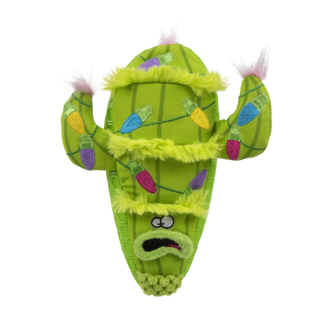 goDog Holiday Collection Mixed Materials TPE Plush Holiday Cactus Squeaky Dog Toy with Chew Guard Technology, Green