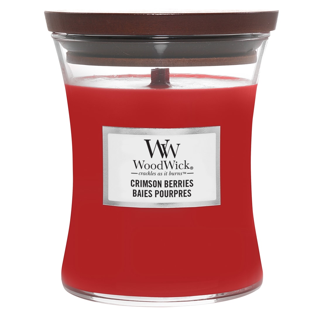 WoodWick Vela perfumada con mecha crepitante | Vela mini reloj de arena Crimson Berries | Hasta 20 horas de duración | Regalo perfecto para mujeres