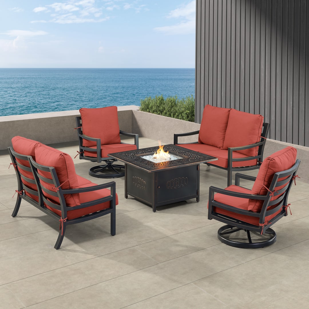 Black Aluminum Patio Fire Table Set with Two Deep Seating Loveseat with Cushions and Two Club Chairs
