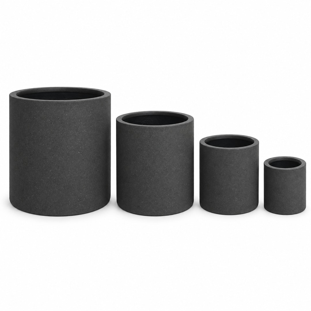 Set of 4 Round Cylinder Polystone Indoor/Outdoor Planters, Black