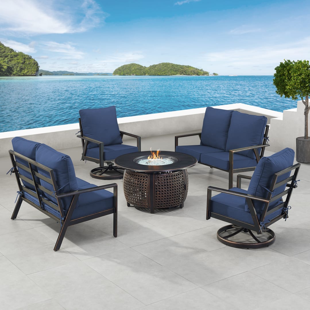 Black Aluminum Patio Fire Table Set with Two Deep Seating Loveseat with Cushions and Two Club Chairs