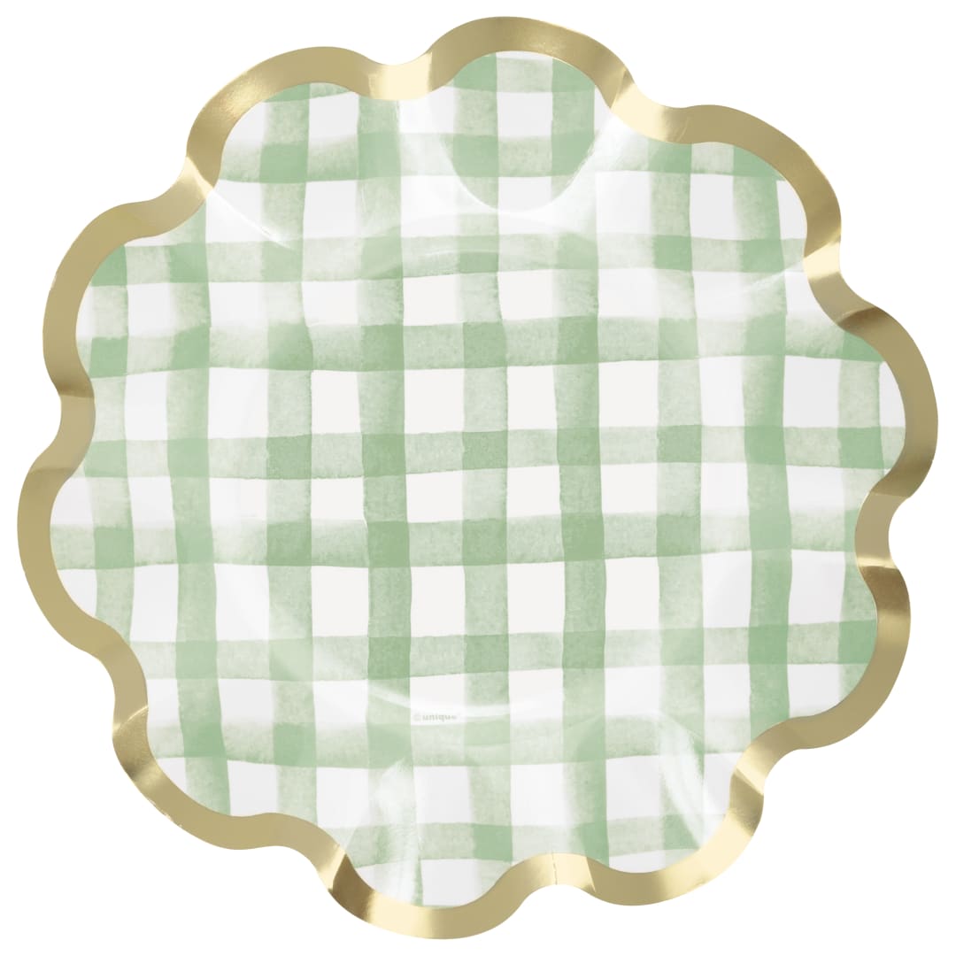 Green Gingham Scalloped Edge Shaped 8.25" Dessert Plates, 8ct - Foil Stamping