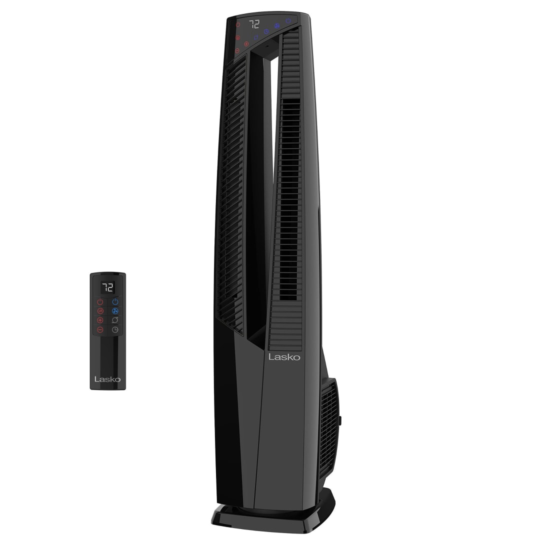 Lasko DUO Comfort 1500-Watt High Velocity Tower Fan and Space Heater with WhisperForce DC Technology, Child Lock and Remote Control, Black