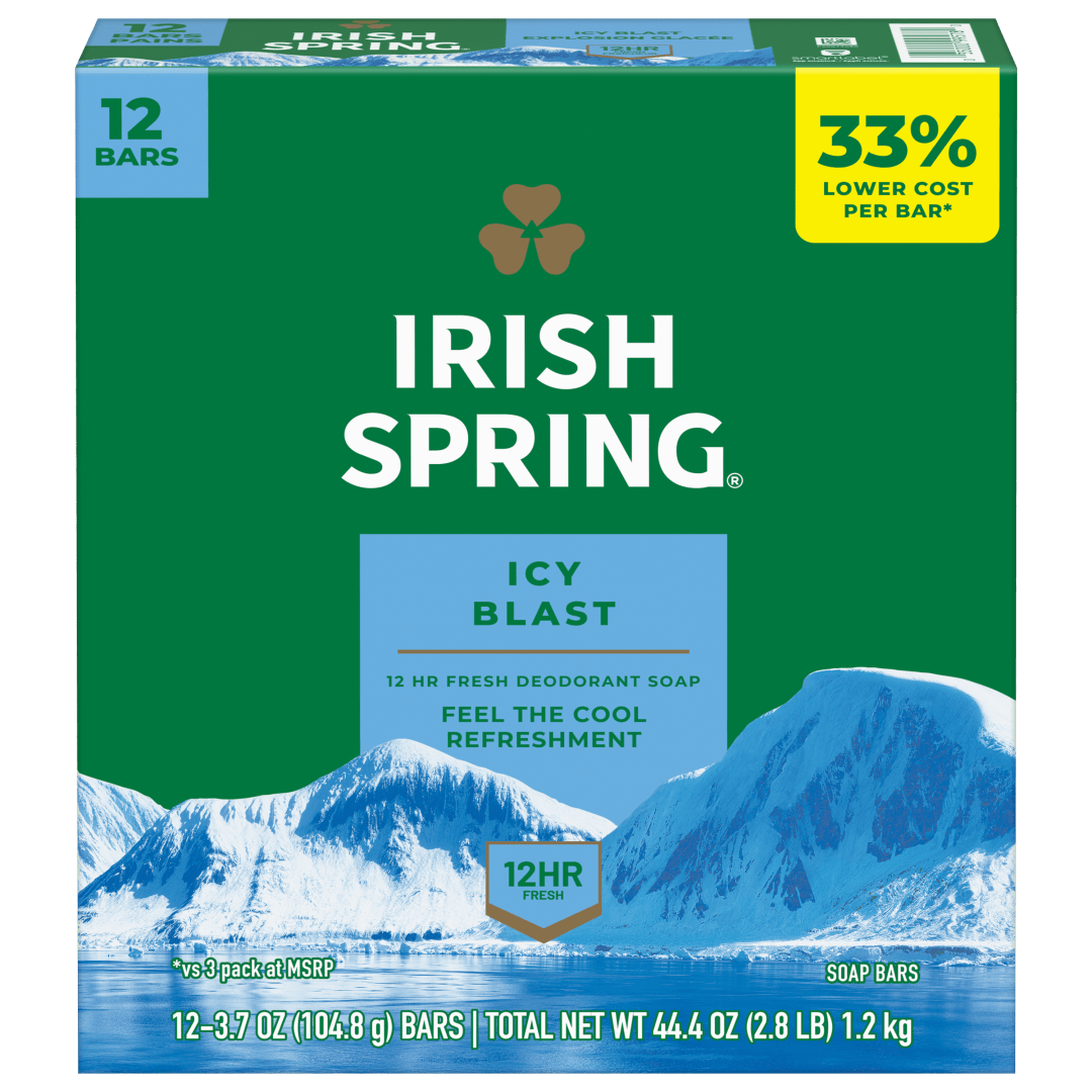 Irish Spring Icy Blast Deodorant Bar Soap for Men, With Flaxseed Oil, 12 Hour Fresh Deodorant Soap, 3.7 oz Bar (12 Pack)