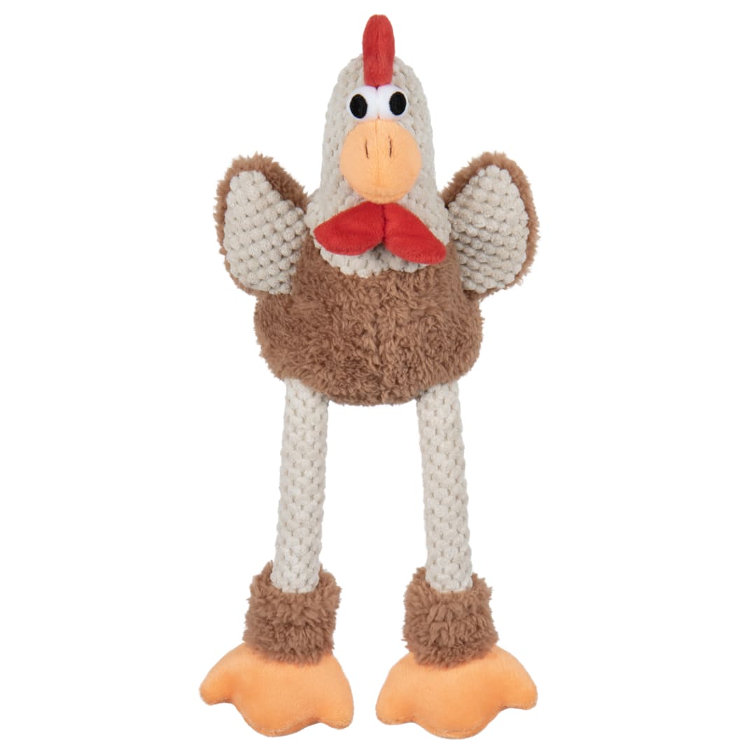 goDog Farm Friends Skinny Rooster Squeaky Dog Toy, Plush with Chew Guard Technology, Brown, Medium