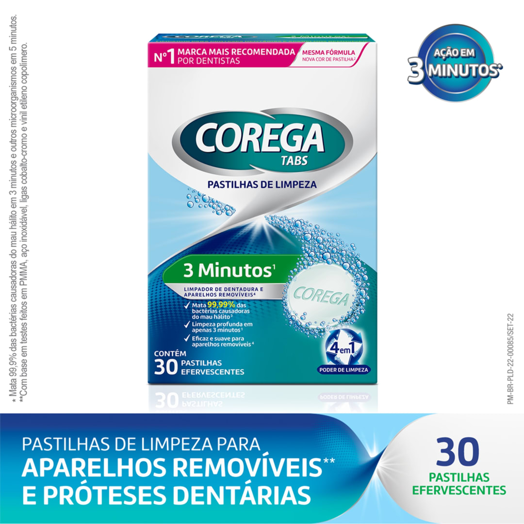 Corega Tabs 3 Min. Limpeza p/ Próteses e Aparelhos Removíveis 30 unidades