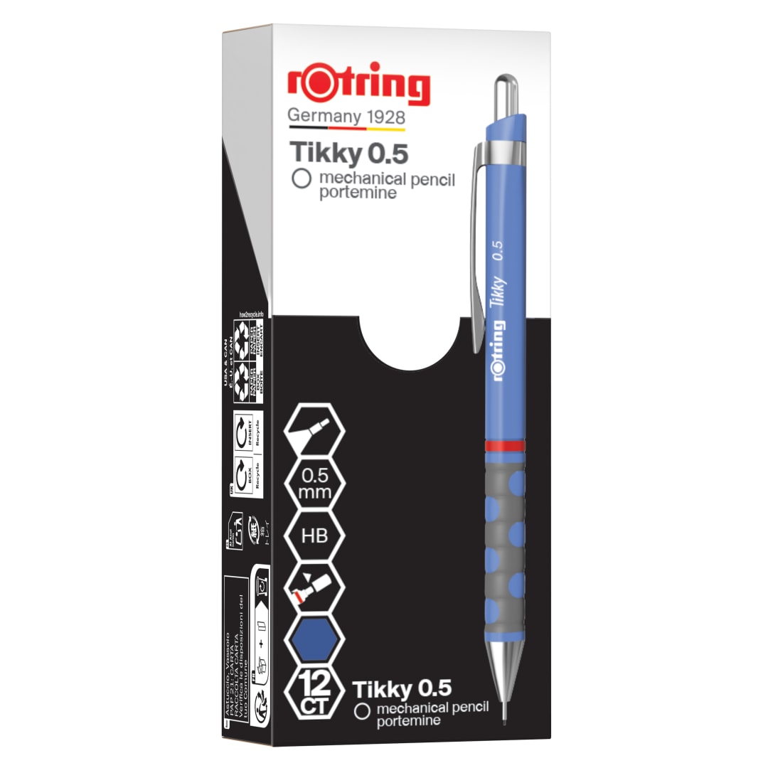 rOtring Tikky Portaminas | HB 0,5 mm | Cuerpo iris (azul) | Ligero con agarre de goma | 12 piezas
