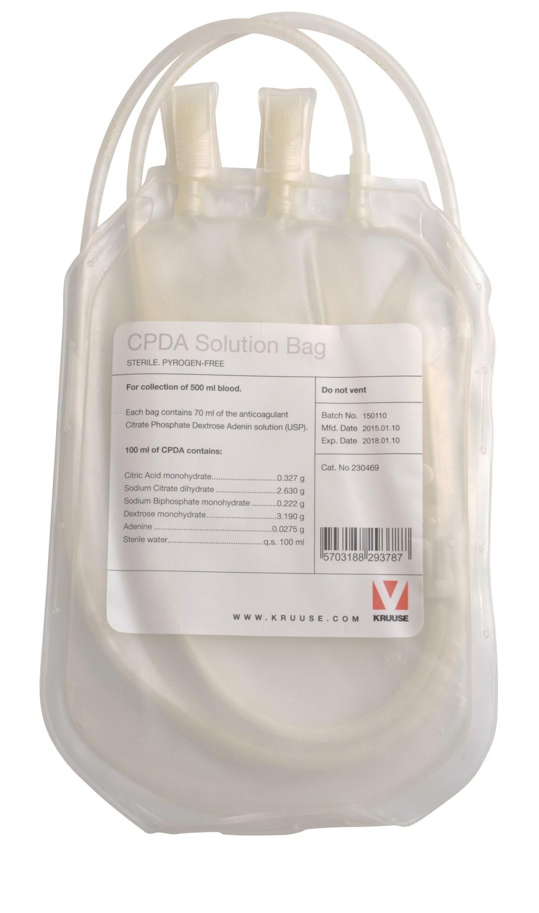CPDA Bag for Blood Collection, 500mL, Sterile
