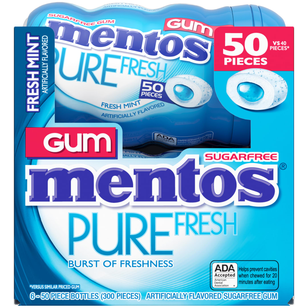 Mentos Gum Pure Fresh Sugar Free Chewing Gum Fresh Mint 50 pc Curvy Bottles - 6 Pack Front End Pack