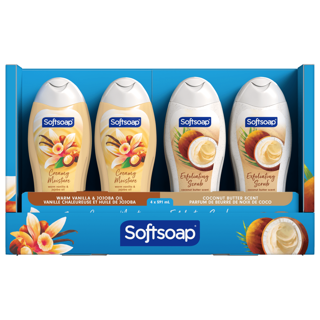 Gel douche Softsoap, gel douche exfoliant au parfum de beurre de noix de coco et gel douche hydratant au parfum de vanille chaude et d'huile de jojoba, flacon de 591 ml (lot de 4)