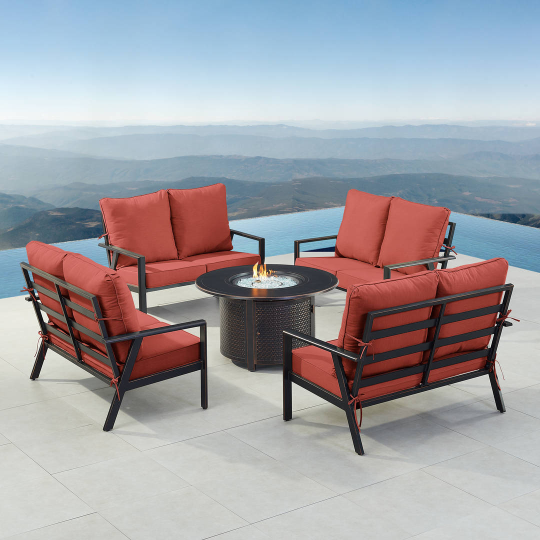 Black Aluminum Patio Fire Table Set with Four Deep Seating Loveseats with Cushions