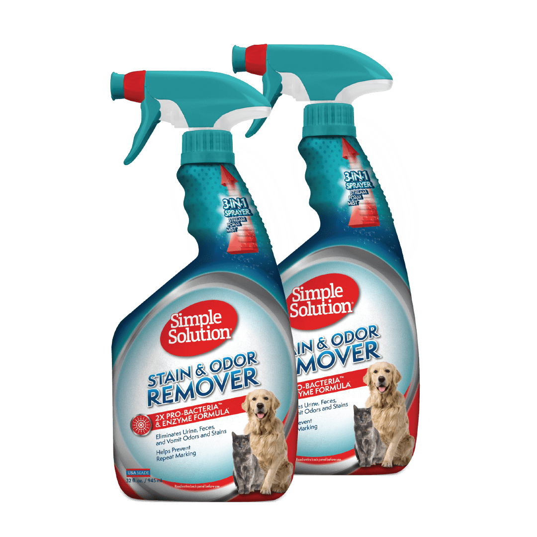 Simple Solution Stain and Odor Eliminator Spray, Enzyme Cleaner With 2X Pro-Bacteria Cleaning Power for Dogs and Cats, Strong Enzymatic Smell Remover for Carpets, Upholstery, and Floors, Urine and Poop Destroyer, 32 oz (Pack of 2)