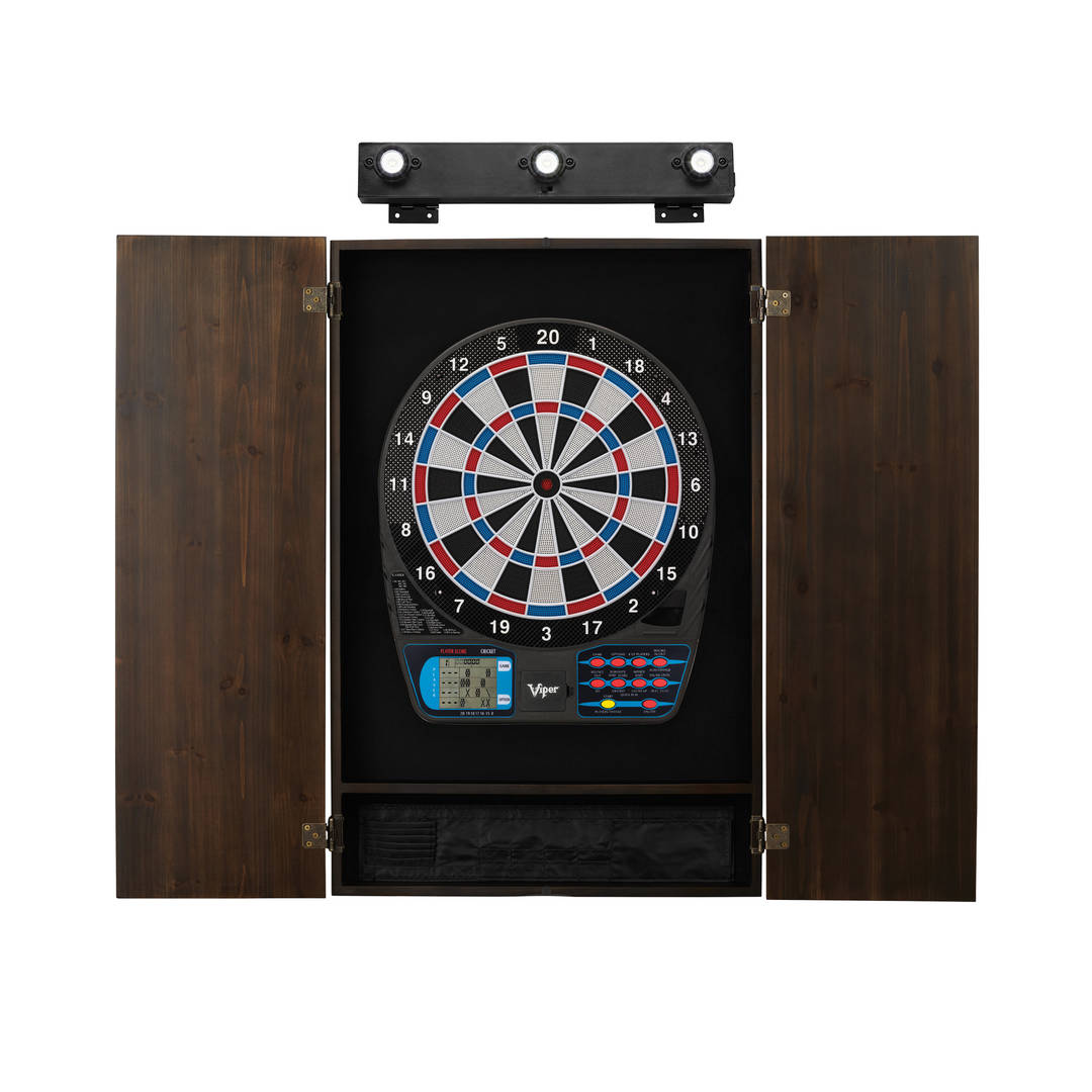 Viper 787 Electronic Dartboard, Metropolitan Espresso Cabinet & Shadow Buster Dartboard Light Bundle
