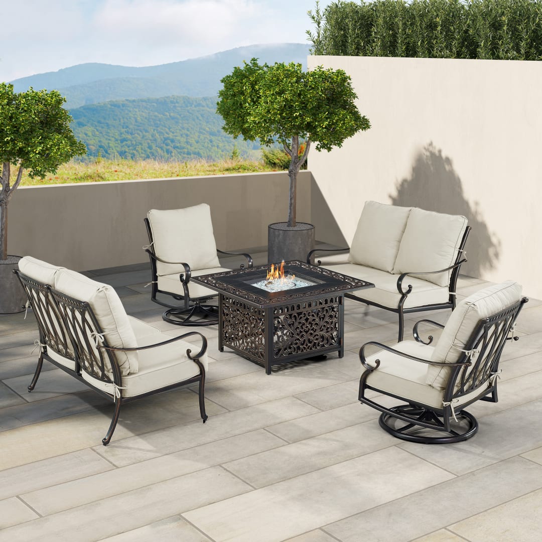 Black Aluminum Patio Fire Table Set with Two Deep Seating Loveseat with Cushions and Two Club Chairs