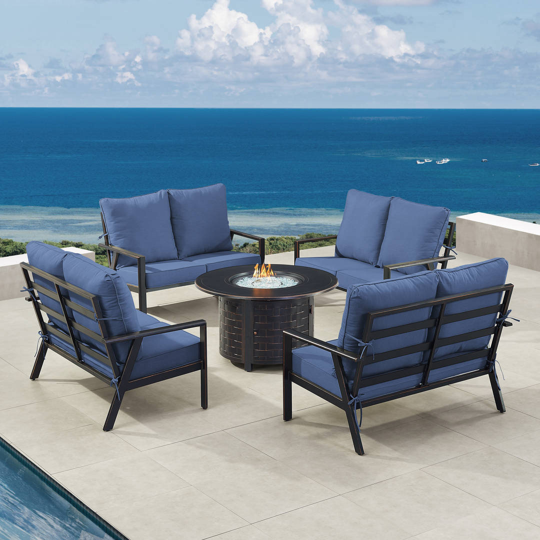 Black Aluminum Patio Fire Table Set with Four Deep Seating Loveseats with Cushions