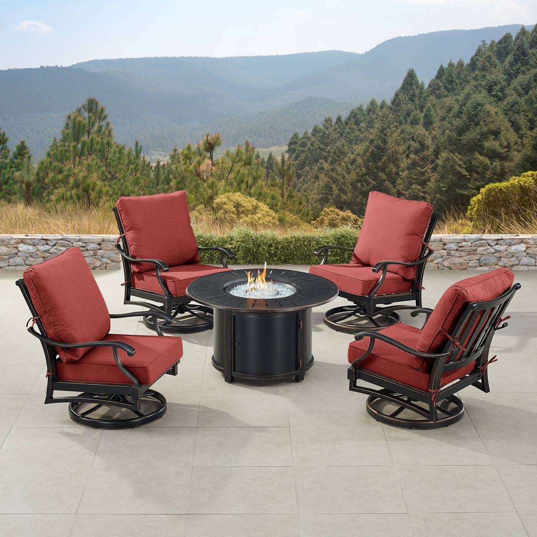 Black Aluminum Patio Fire Table Set with Four Club Chairs