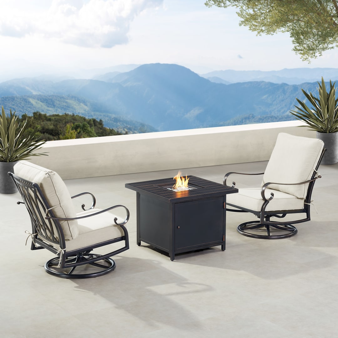 Black Aluminum Patio Fire Table Bistro Set with Two Club Chairs