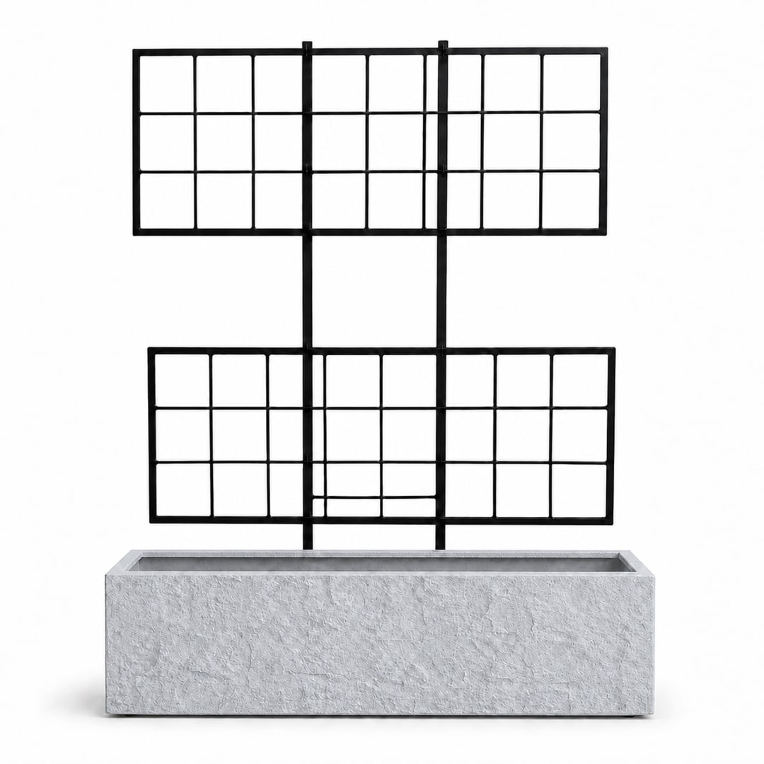 Rock Texture Rectangular Polystone Planter with Steel Trellis, Gray