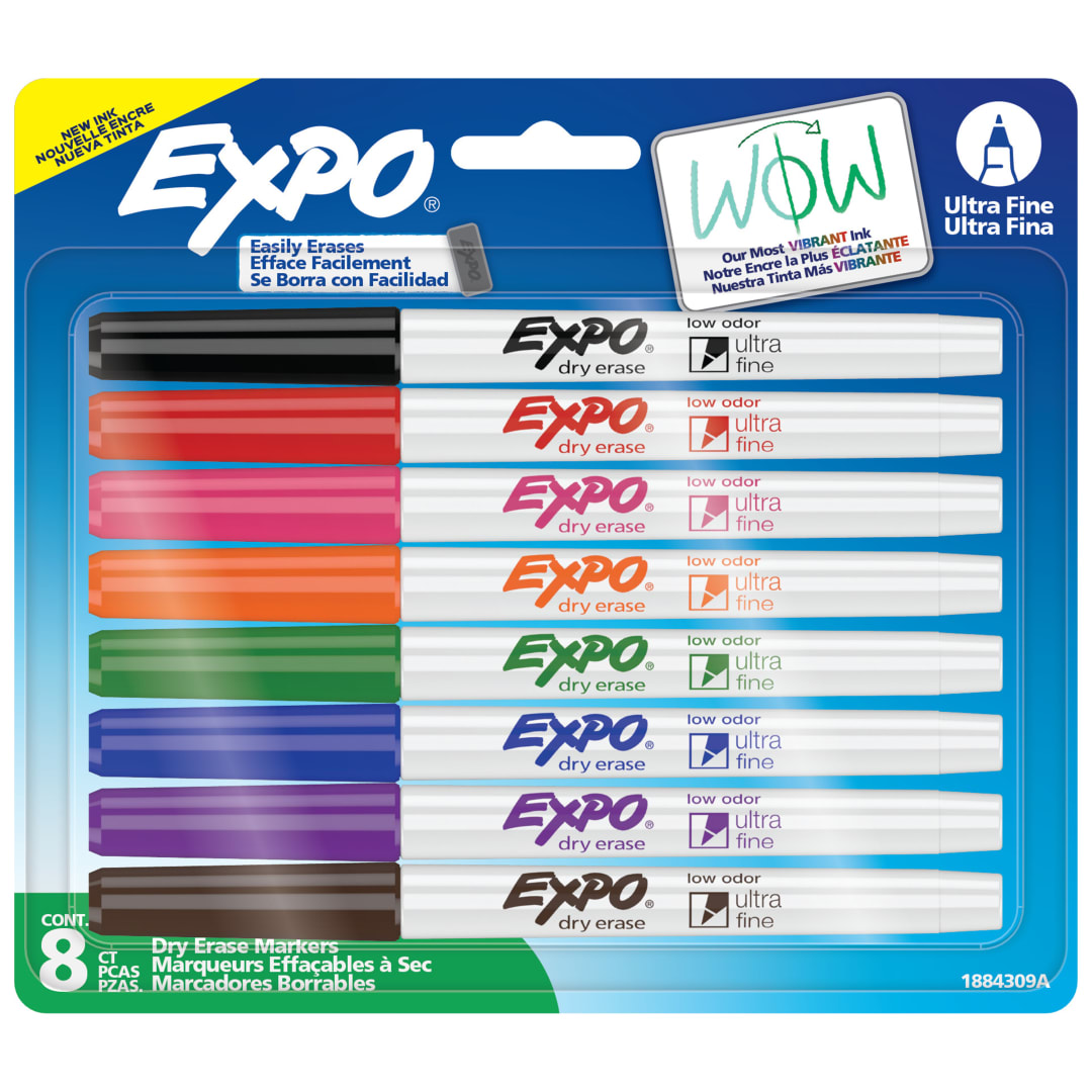 EXPO Dry Erase Markers, Low Odour Ink, Assorted Colours, Ultra Fine Tip, 8 Count