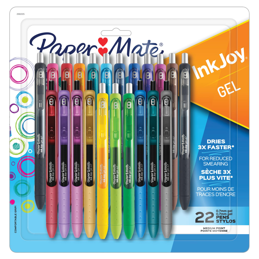 Stylos gel Paper Mate InkJoy, stylos rétractables, pointe moyenne (0,7 mm), couleurs assorties, 22 unités