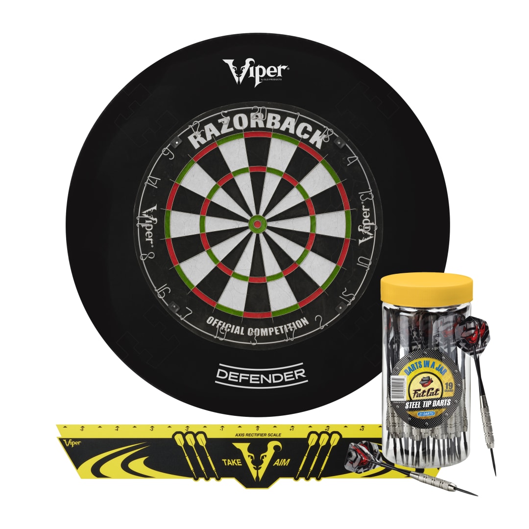 Viper Razorback Dartboard, Defender Dart Surround, Jar of 21 Darts and Viper Edge Throwline