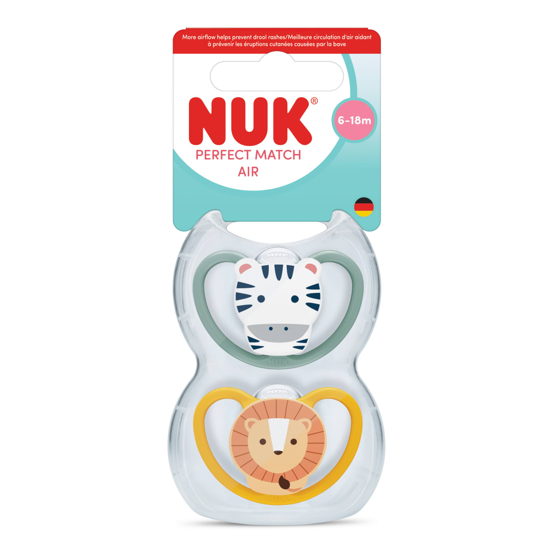 Sucettes ares pour bb NUK Perfect Match, 6 18mois, sucettes orthodontiques qui encouragent le flux de lair et prviennent lirritation due la salive, 95% dacceptation des bbs**, lion et zbre, 2pices