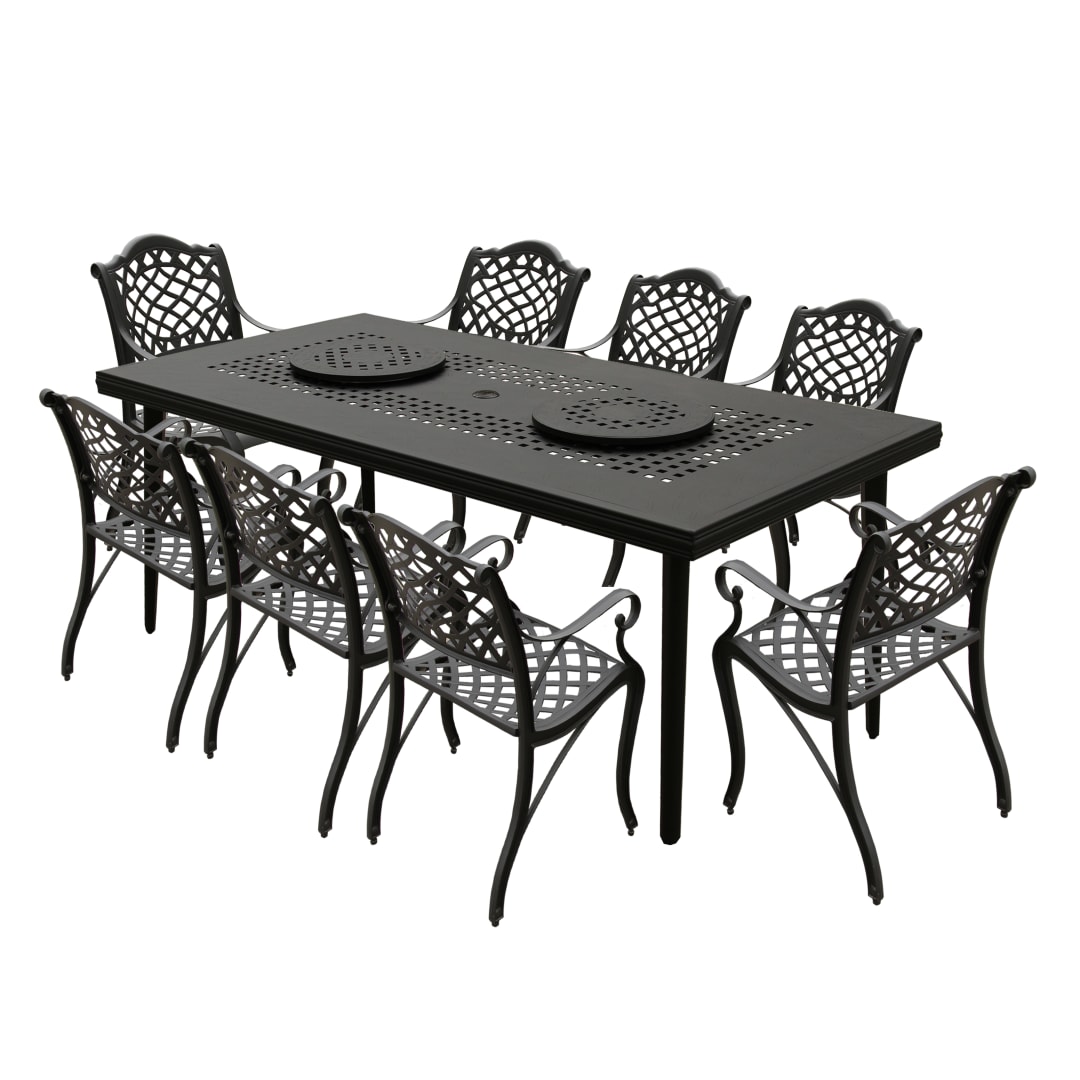Modern Ornate Outdoor Mesh Aluminum 84-in Large Black Rectangular Patio Dining Set with Two Lazy Susans and Eight Chairs