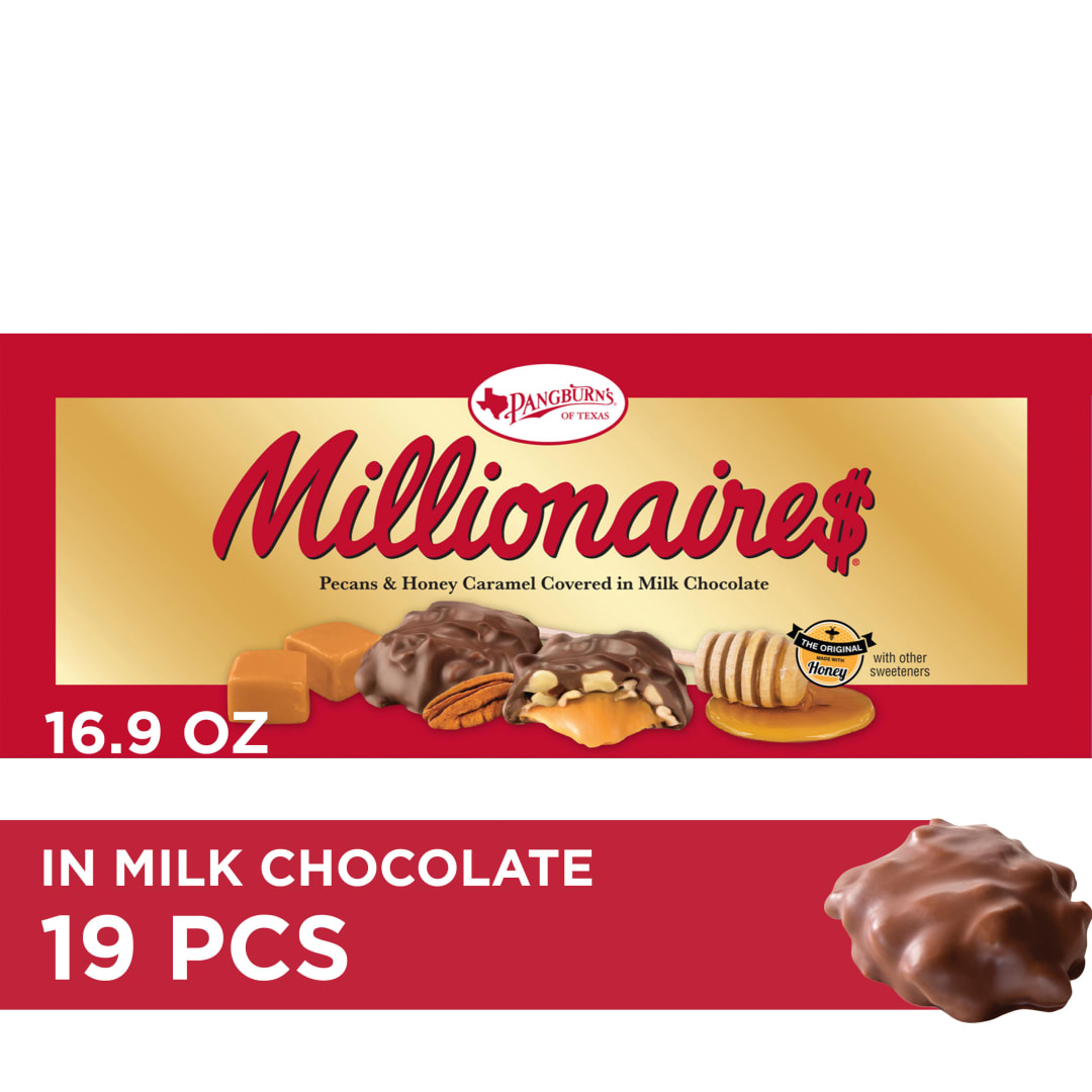 PANGBURN'S OF TEXAS Millionaires Milk Chocolate Covered Pecans & Honey Caramel Large Gift Box, 16.9 oz.