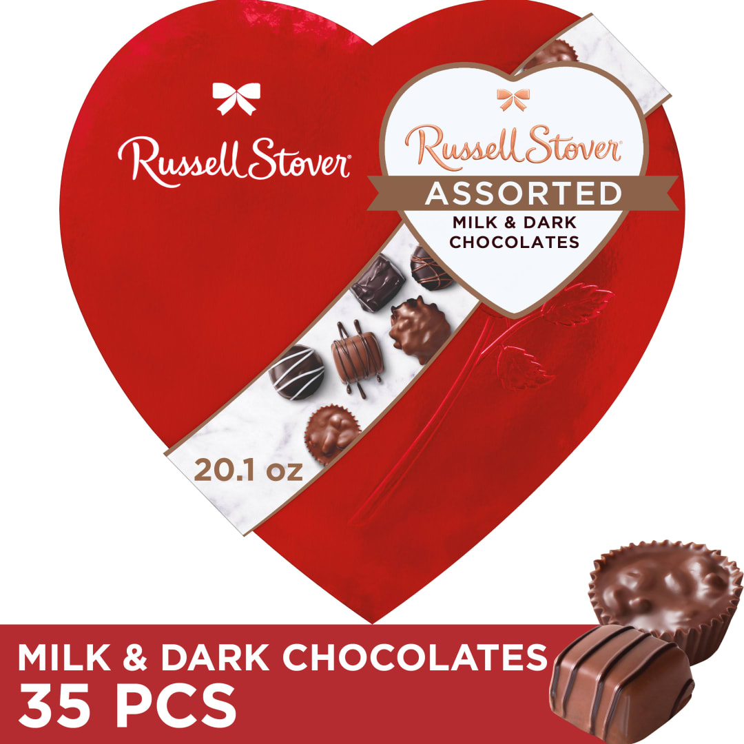 RUSSELL STOVER Valentine's Day Red Foil Heart Assorted Milk &amp; Dark Chocolate Candy Gift Box, 20.1 oz.