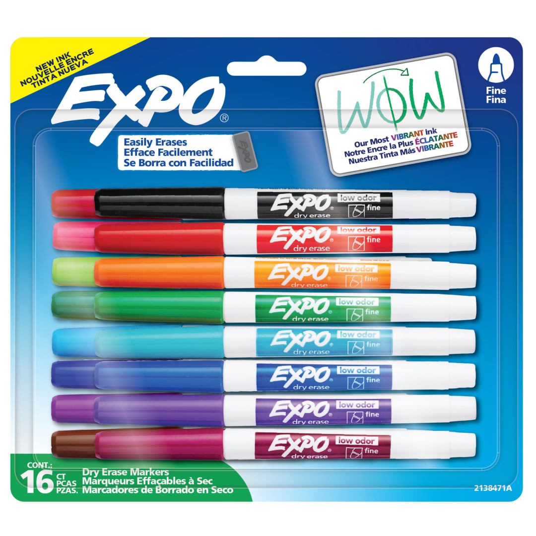 EXPO Dry Erase Markers, Low Odour Ink, Assorted Colours, Fine Tip, 16 Count