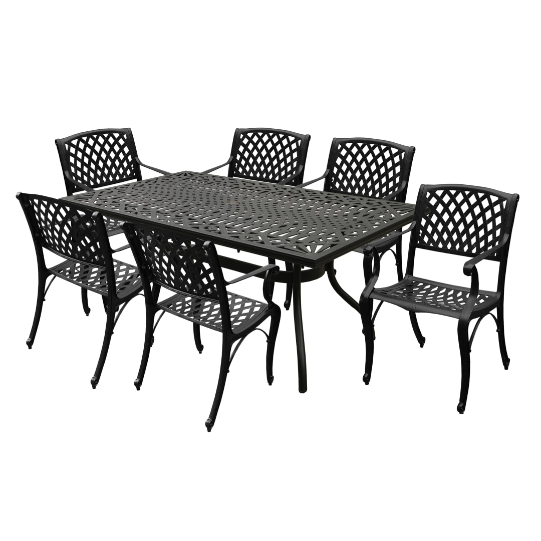 Modern Ornate Outdoor Mesh Aluminum 68-in Black Rectangular Patio Dining Set with Six Chairs