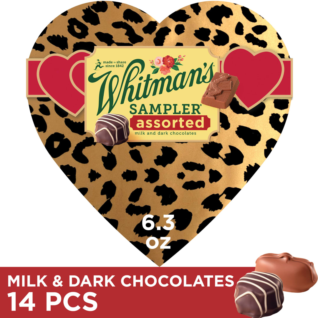 WHITMAN'S SAMPLER Valentine's Day Cheetah Heart Assorted Milk & Dark Chocolate Candy Gift Box, 6.3 oz.