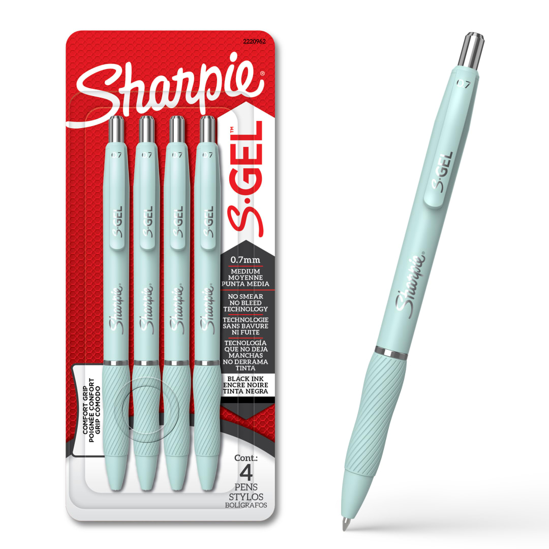Stylos gel Sharpie S-Gel, pointe moyenne (0,7 mm), corps Brume océanique, Encre noir, 4 unités