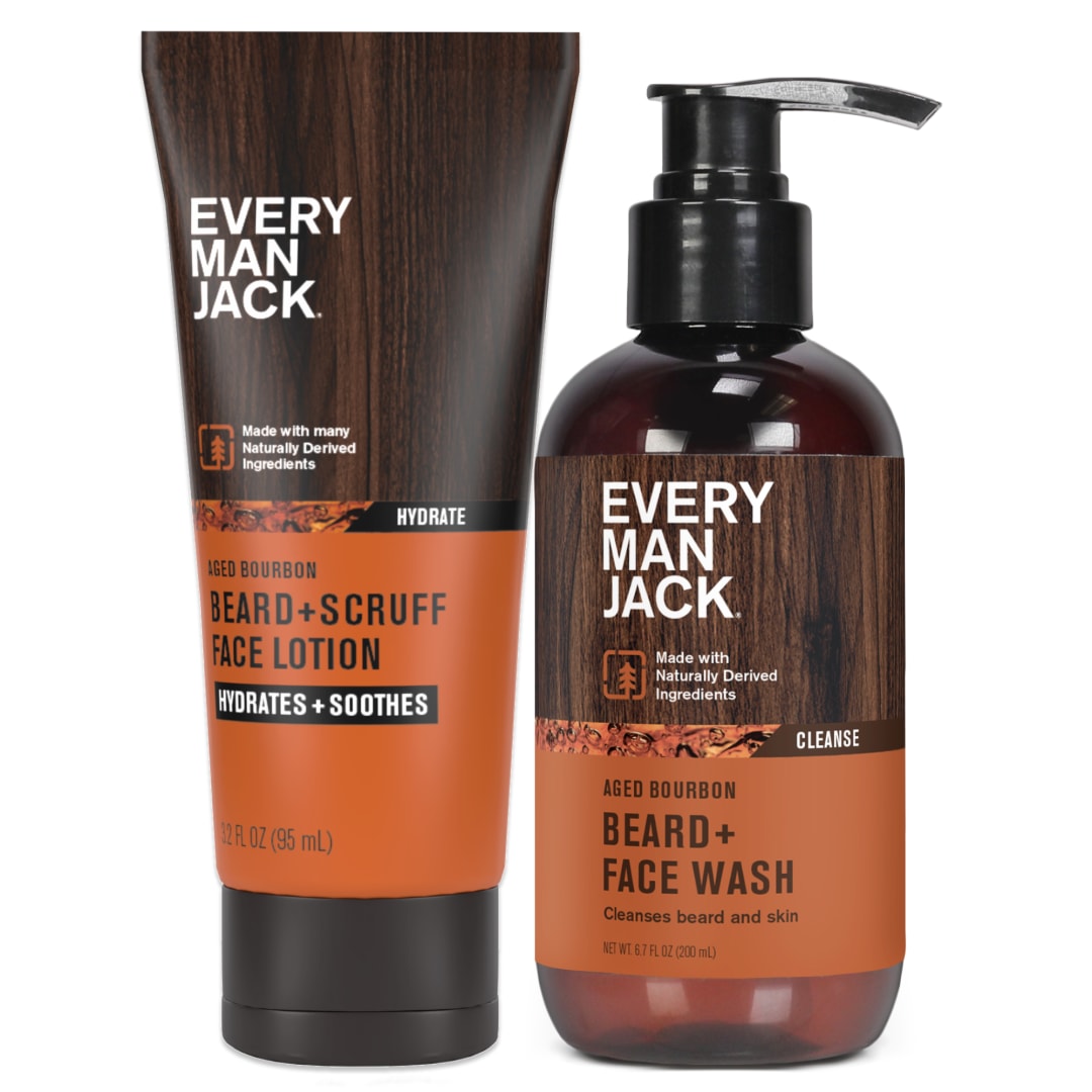 Every Man Jack Men's Beard + Face Wash & Lotion Set - Subtle Aged Bourbon Scent - Naturally Cleanse and Condition Your Beard & Skin