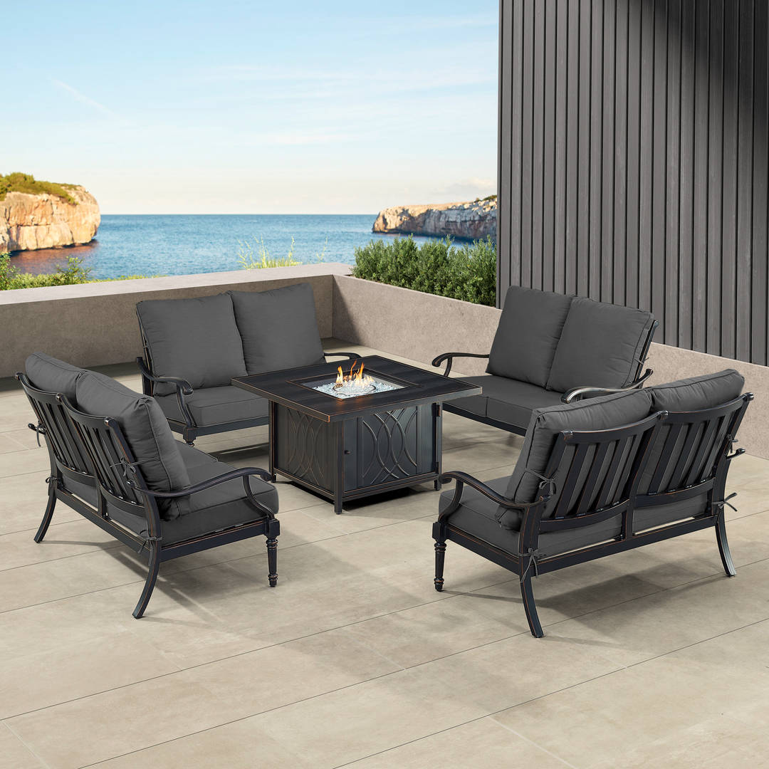 Black Aluminum Patio Fire Table Set with Four Deep Seating Loveseat with Cushions