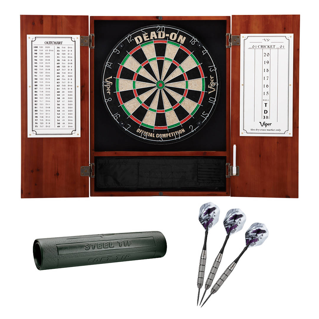Viper Metropolitan Cinnamon Steel Tip Dartboard Cabinet, Viper Dead-On Bristle Dartboard, Viper Underground Raven Steel Tip Darts 25 Grams, and Viper Vinyl Dart Mat