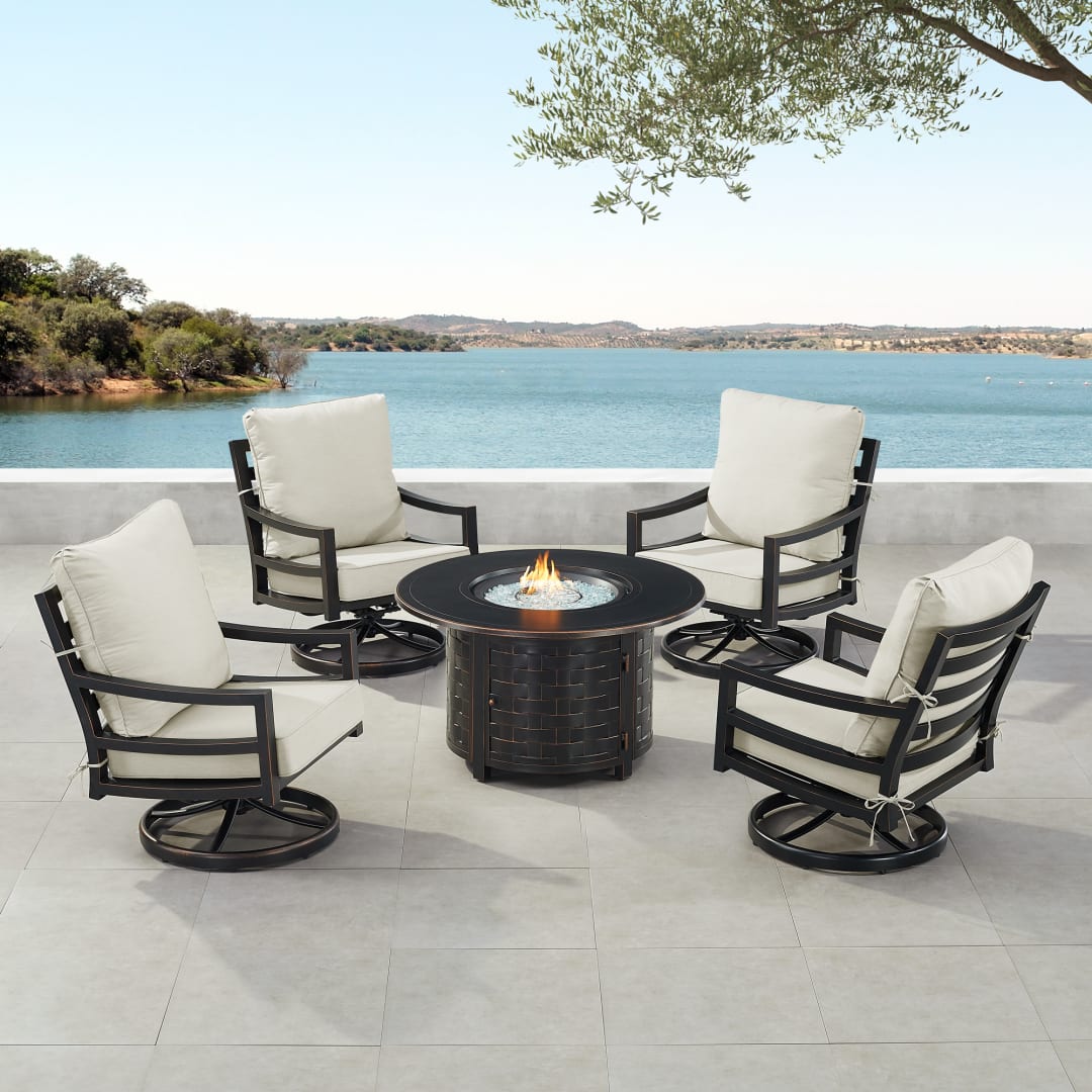 Black Aluminum Patio Fire Table Set with Four Club Chairs