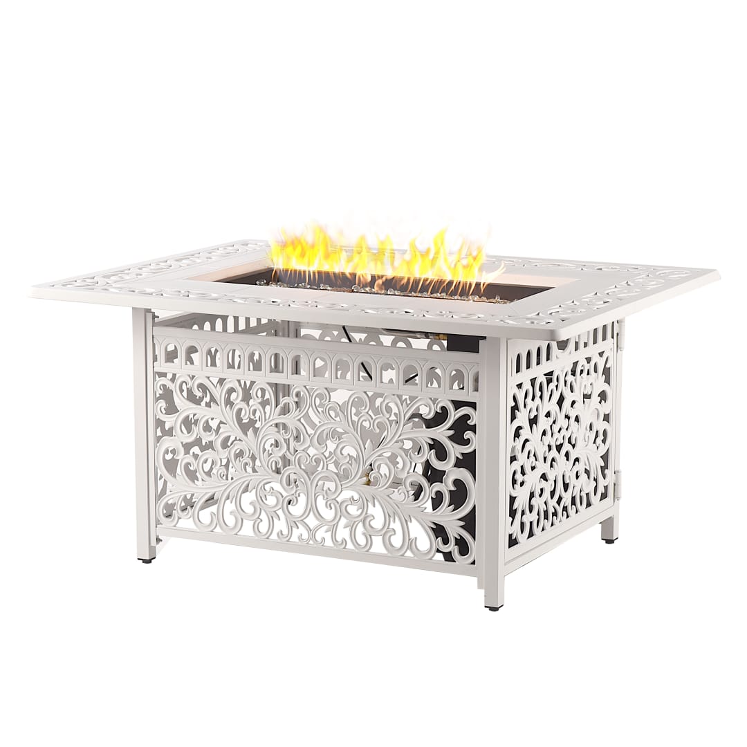 Rectangular 48 in. x 36 in. Aluminum Propane Fire Pit Table, Glass Beads, Two Covers, Lid, 55,000 BTUs in White Finish