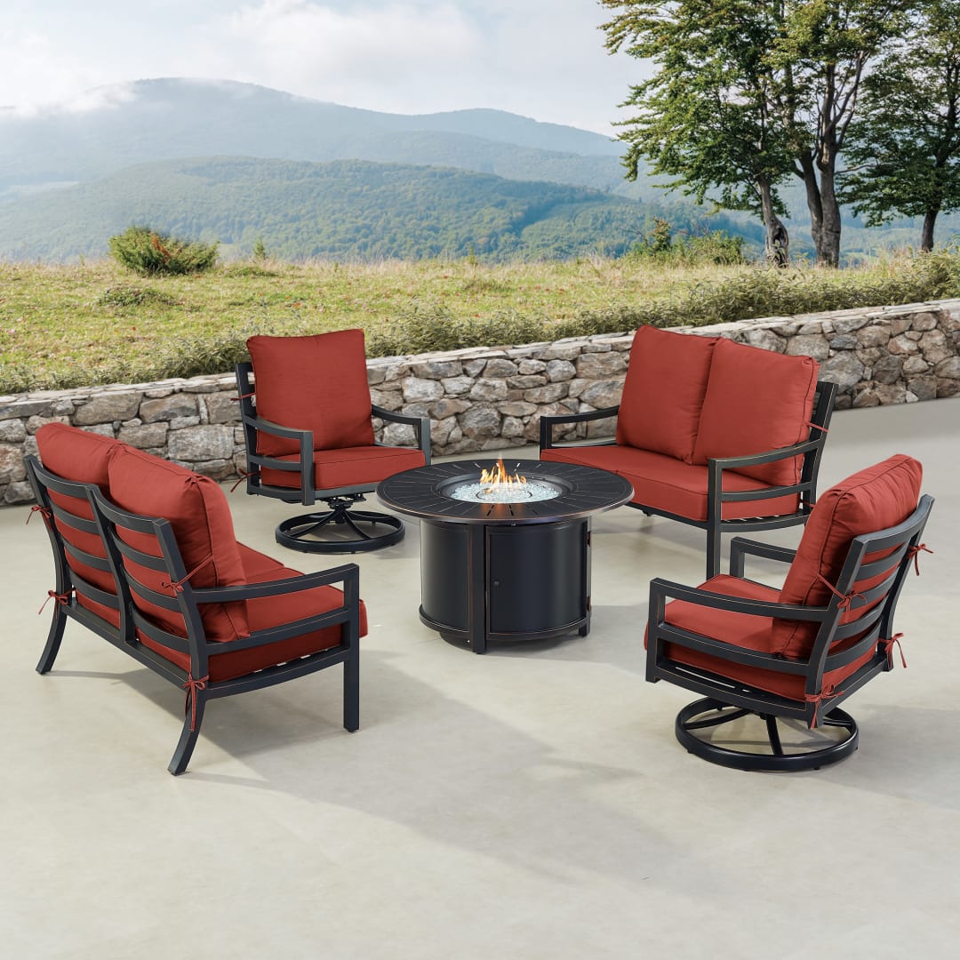 Black Aluminum Patio Fire Table Set with Two Deep Seating Loveseat with Cushions and Two Club Chairs