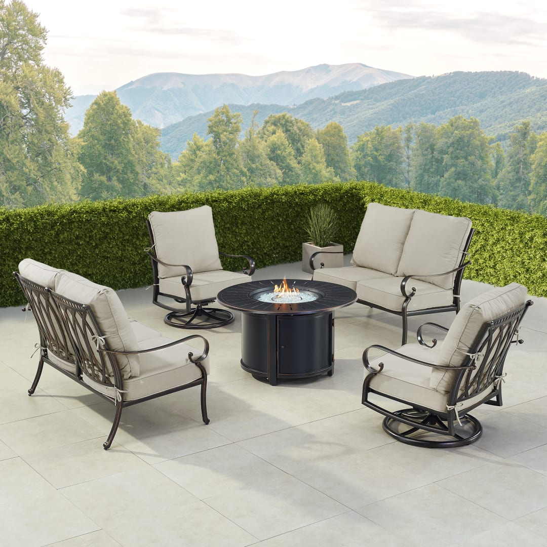 Black Aluminum Patio Fire Table Set with Two Deep Seating Loveseat with Cushions and Two Club Chairs