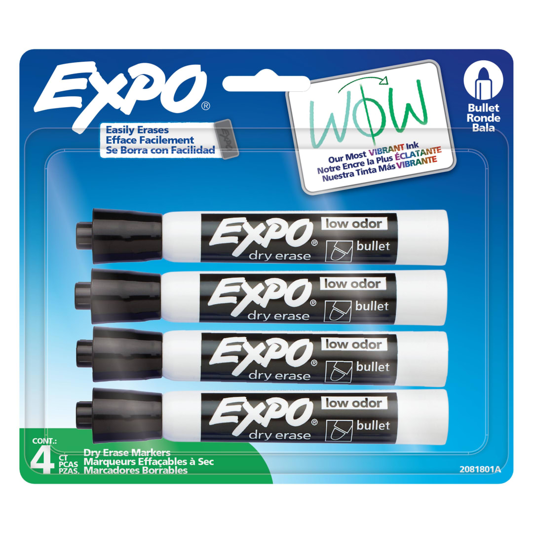 EXPO Dry Erase Markers, Low Odor Ink, Black, Bullet Tip, 4 Count