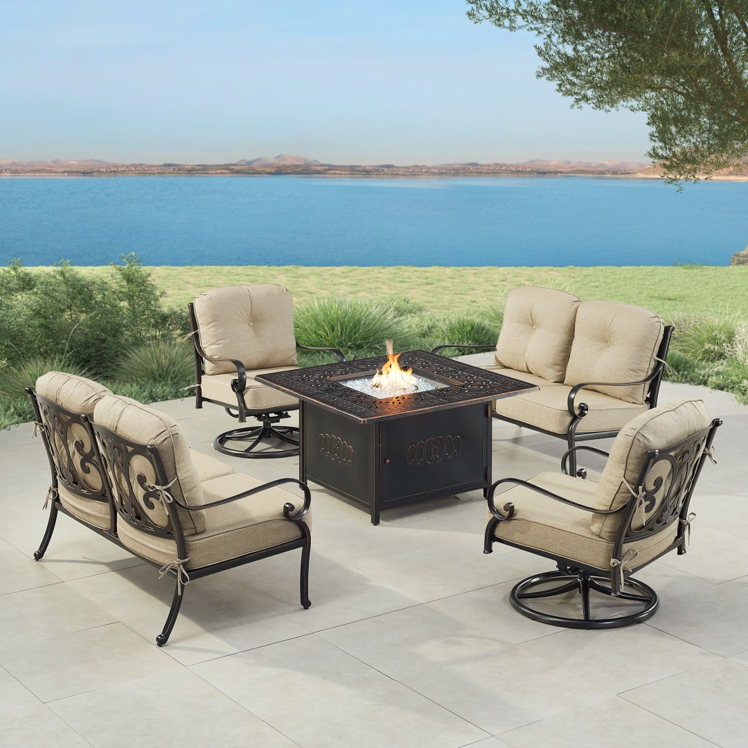 Black Aluminum Patio Fire Table Set with Two Deep Seating Loveseat with Cushions and Two Club Chairs