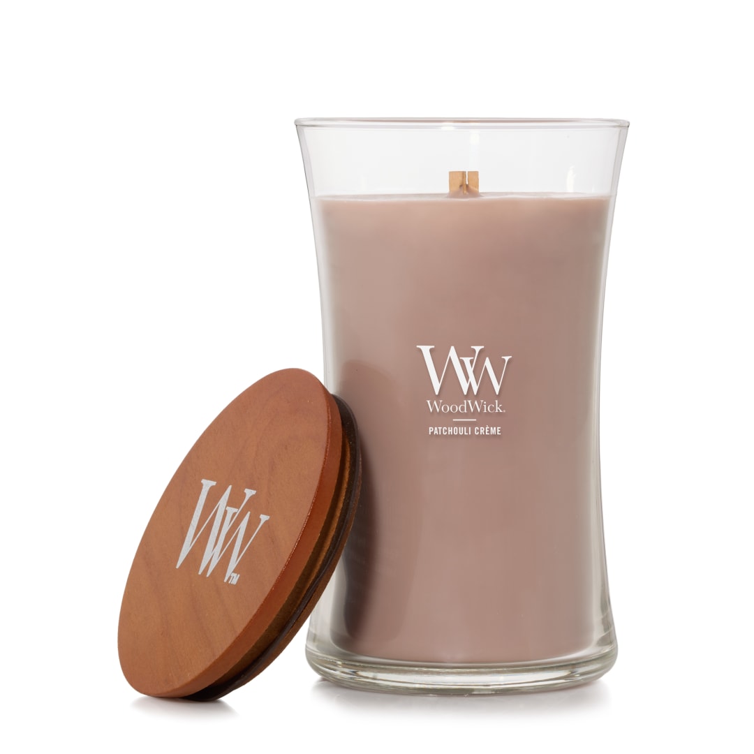 WoodWick Vela Perfumada con Mecha Crepitante | Vela Grande en Forma de Reloj de Arena Patchouli Crème | Velas de Larga Duración: Hasta 130 Horas | Regalos Perfectos para Mujeres