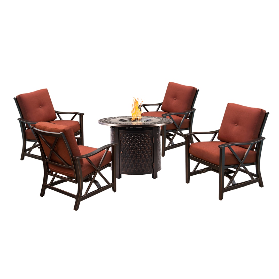 Aluminum 34-in Round Antique Copper Fire Table Set with Four Deep Seating Rocking Chairs, Fire Beads, Lid, Propane Tank Cover and Table Fabric Covers