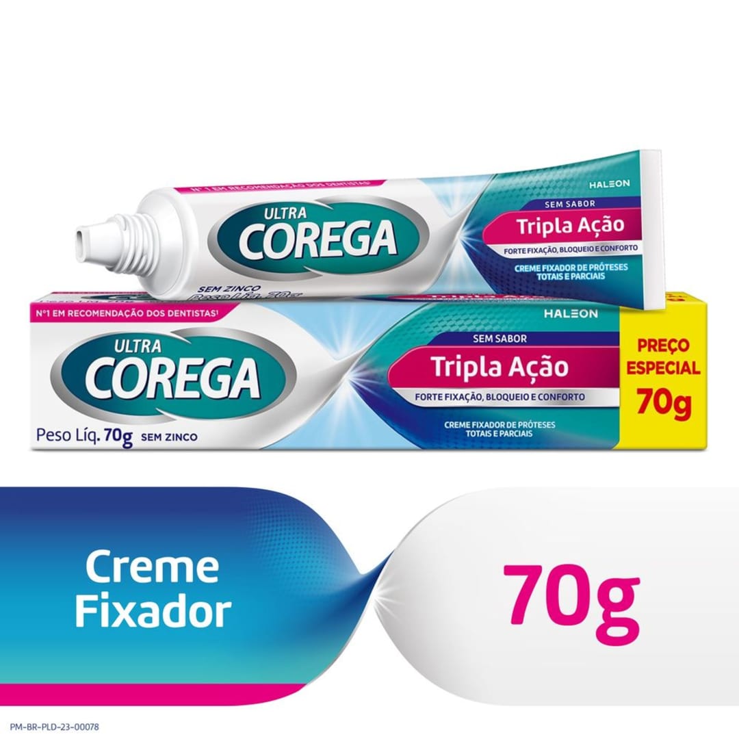 Ultra Corega Creme Tripla Ação Sem Sabor 70g Livre de Zinco