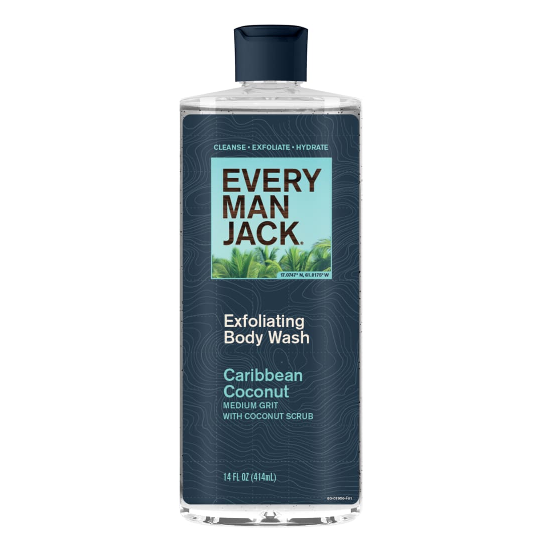 Every Man Jack Caribbean Coconut Hydrating Exfoliating Body Wash Scrub for Men, Naturally Derived, 14 fl. oz