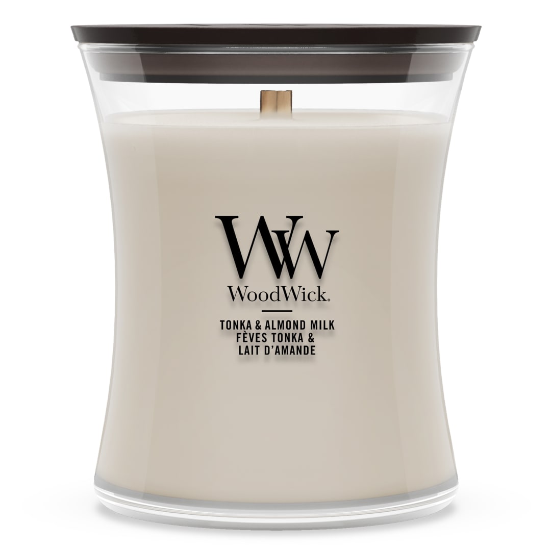 WoodWick Vela perfumada | Vela de tamaño mediano en forma de reloj de arena | Tonka & Almond Milk | Regalos perfectos para mujeres