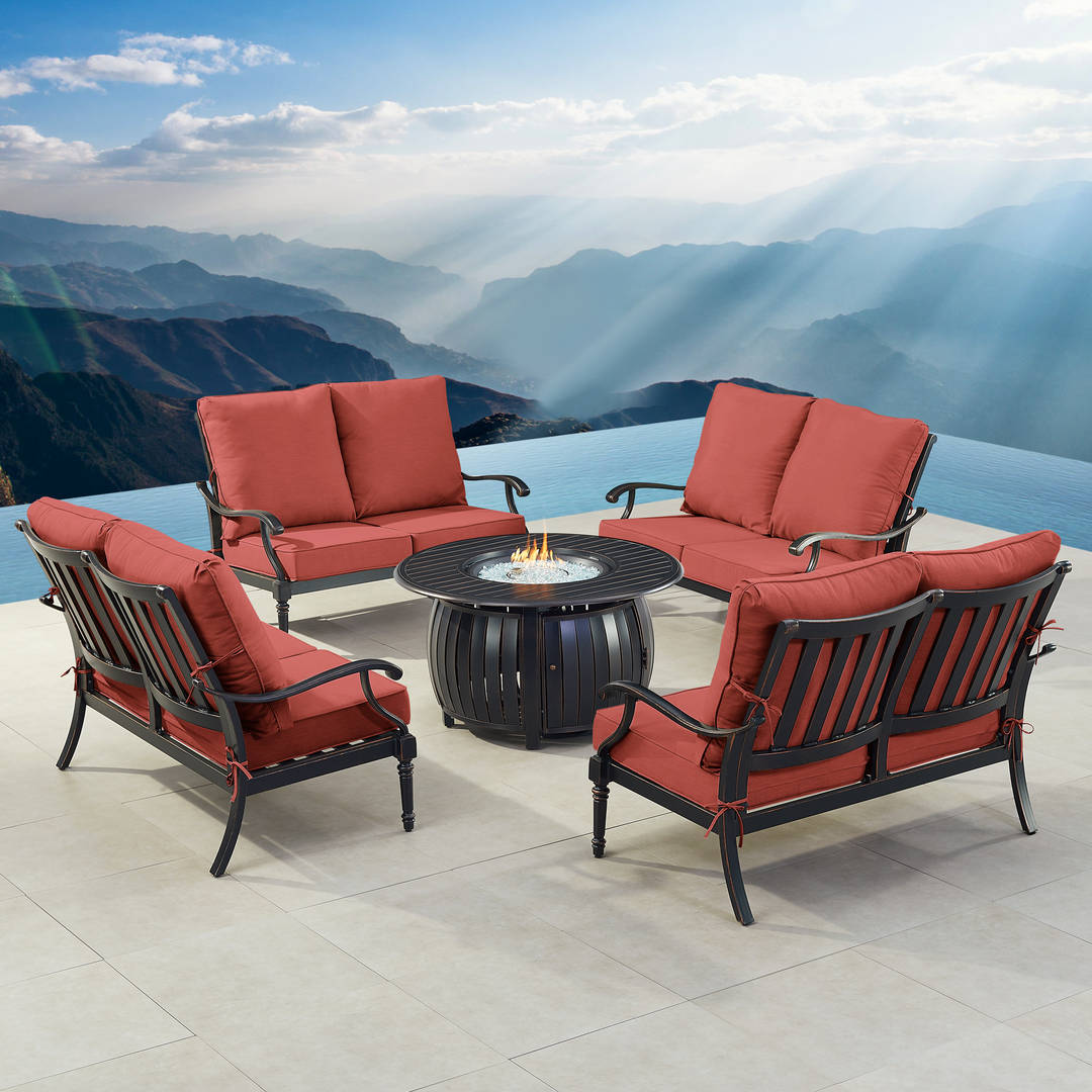 Black Aluminum Patio Fire Table Set with Four Deep Seating Loveseat with Cushions