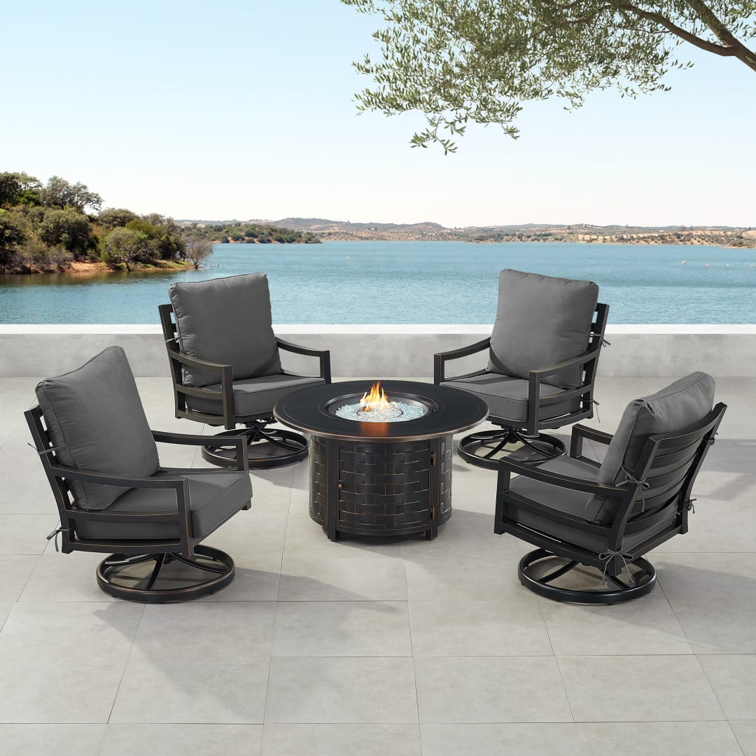 Black Aluminum Patio Fire Table Set with Four Club Chairs